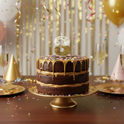 Semi glitter gold and white number 3 candle on chocolate cake with gold drip and confetti