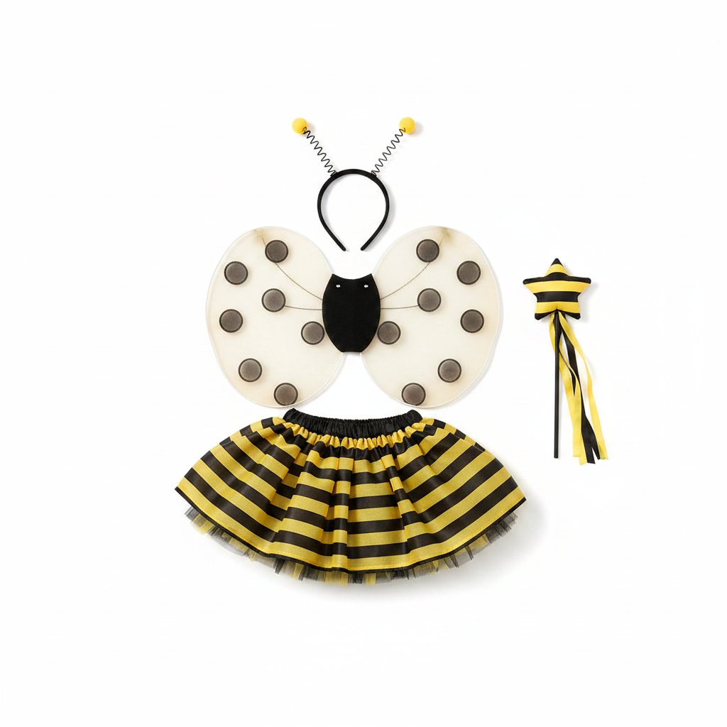 Yellow and black honey bee kids costume flat lay with wings tutu skirt antennae headband and wand