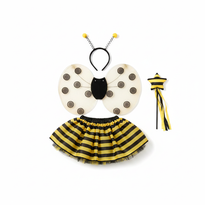 Yellow and black honey bee kids costume flat lay with wings tutu skirt antennae headband and wand