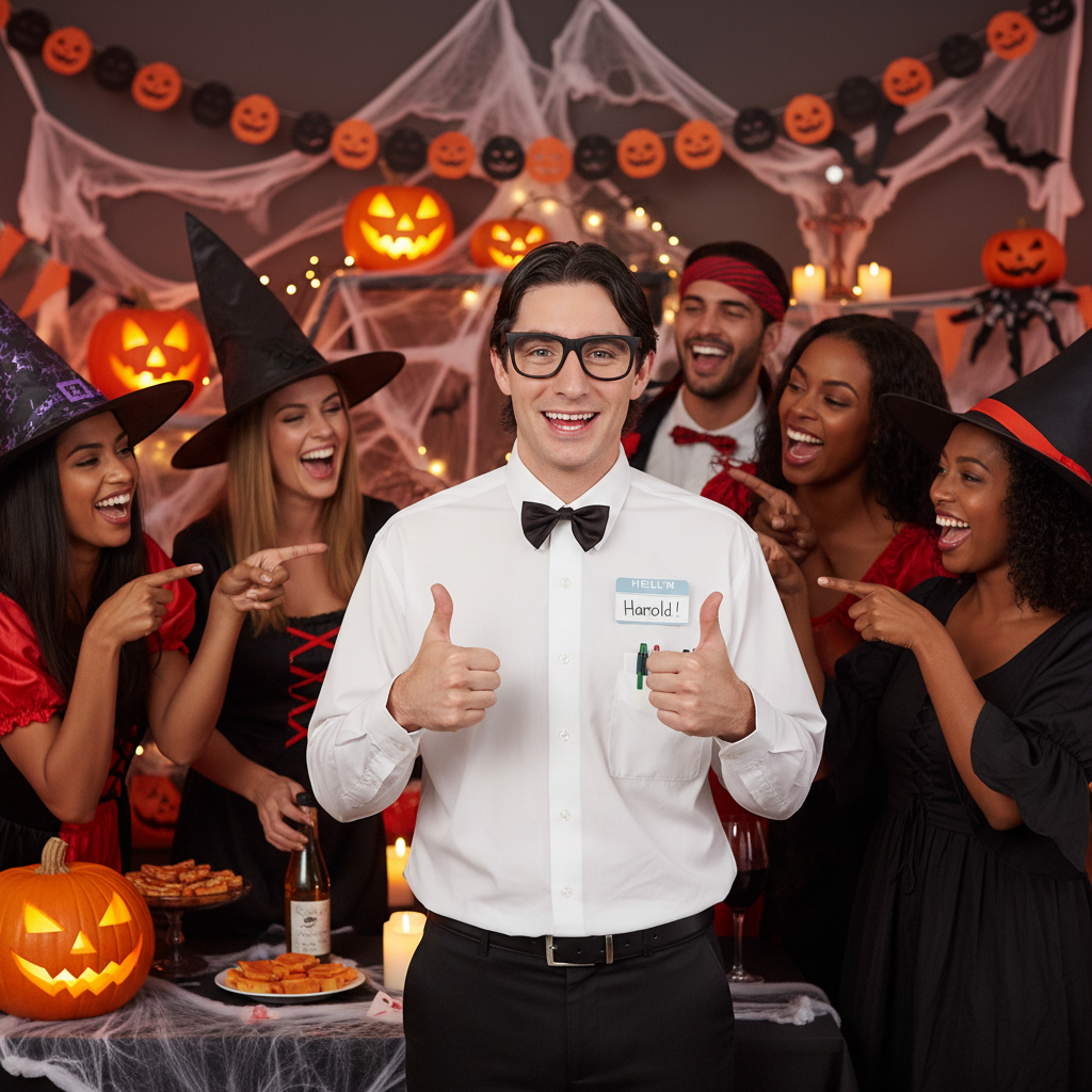 Adult wearing funny nerd costume with thick black glasses name tag and bow tie at Halloween party guests laughing