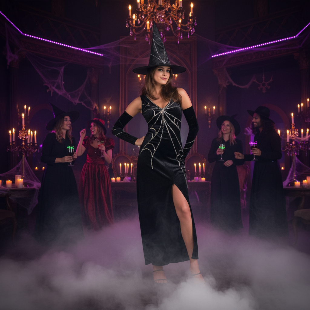 Confident woman in black long spider web printed witch costume with tall witch hat at Halloween theme party