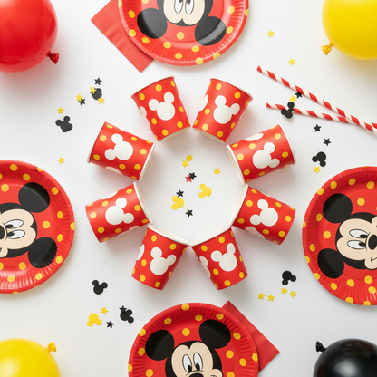 Overhead flat lay of Mickey Mouse party table setup with cups and decorations