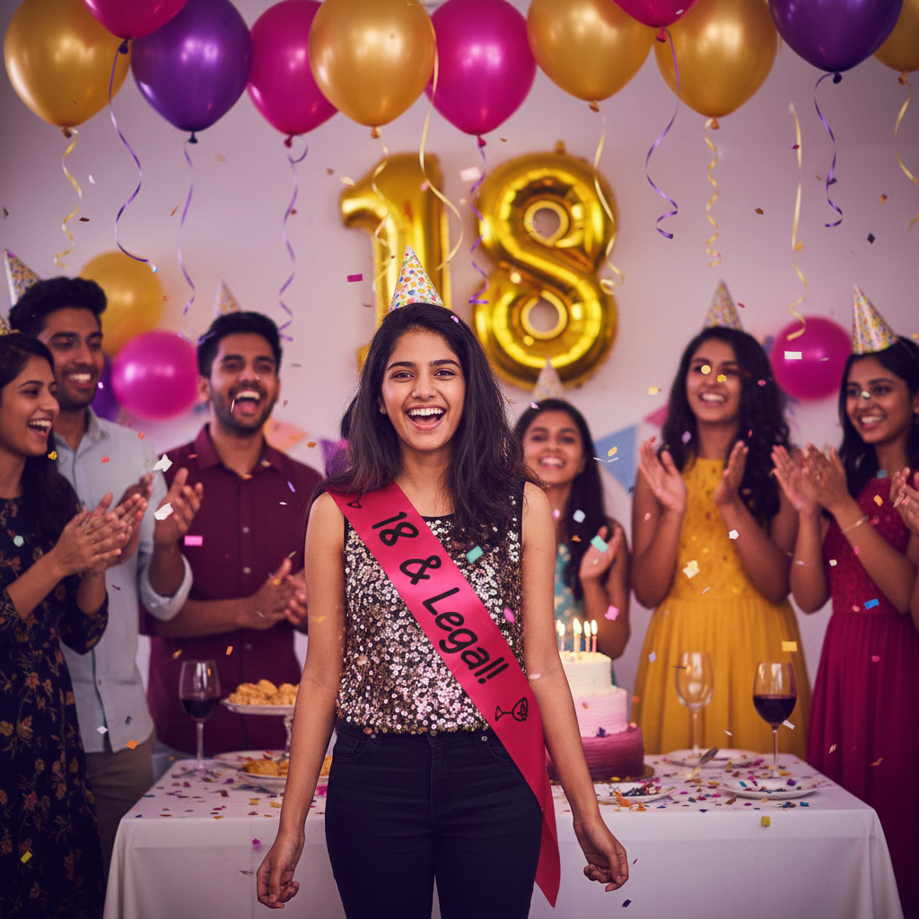 Young Indian person wearing hot pink 18 and Legal sash at 18th birthday party
