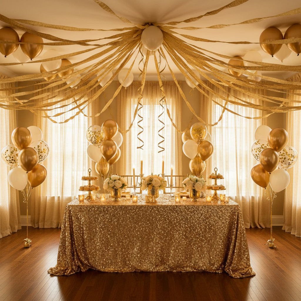 Gold streamers decorating a party room ceiling to walls