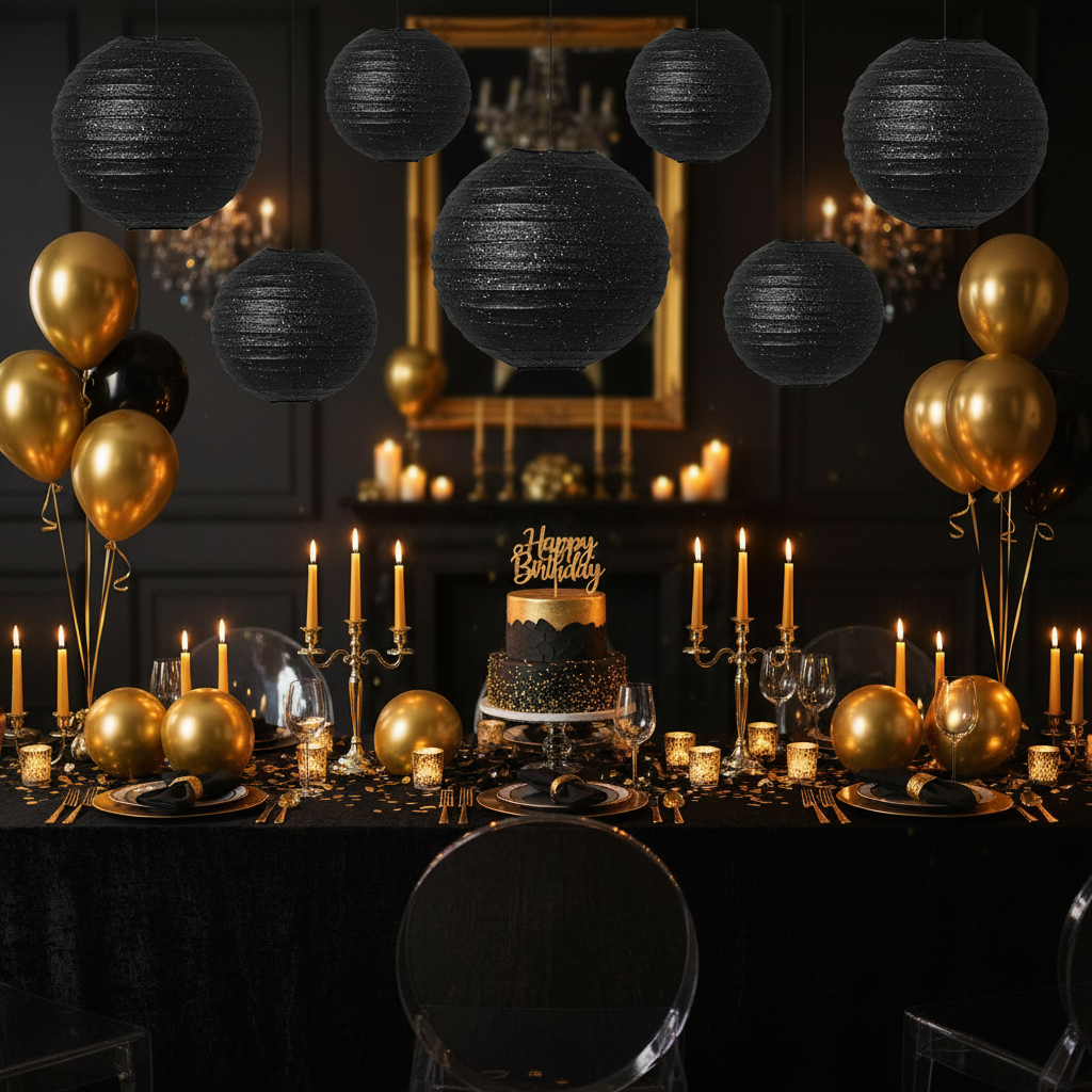 Black Glitter Round Paper Lantern at Black and Gold Birthday Party