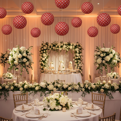 Red Polka Dot Round Paper Lantern at Baby Shower Bridal Shower Venue