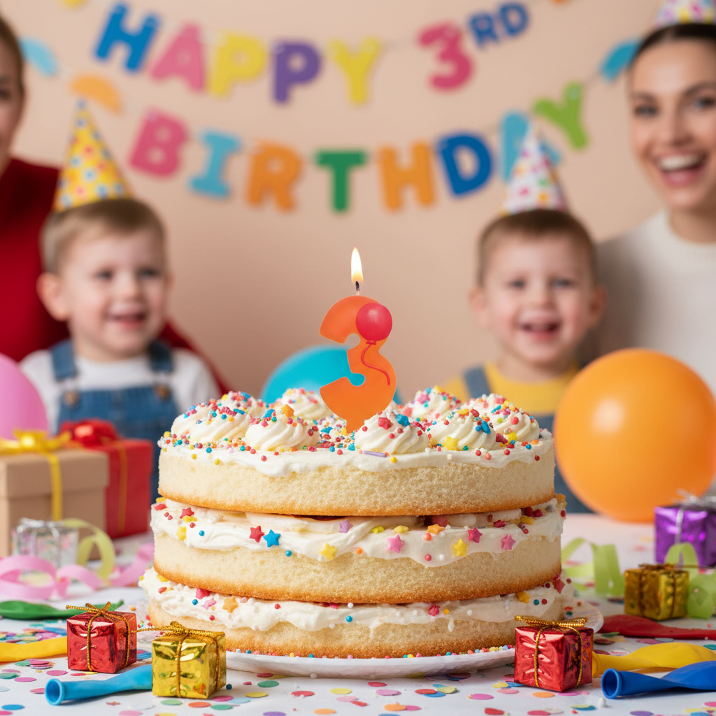 Orange number 3 balloon candle on colorful birthday cake with frosting and sprinkles