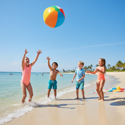 Colorful multicolor beach ball 12 inch inflatable kids playing at sunny beach party rainbow panels red blue yellow green orange