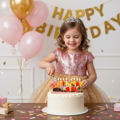 Birthday girl in party dress celebrating with cake topped with colorful Birthday Girl letter candles
