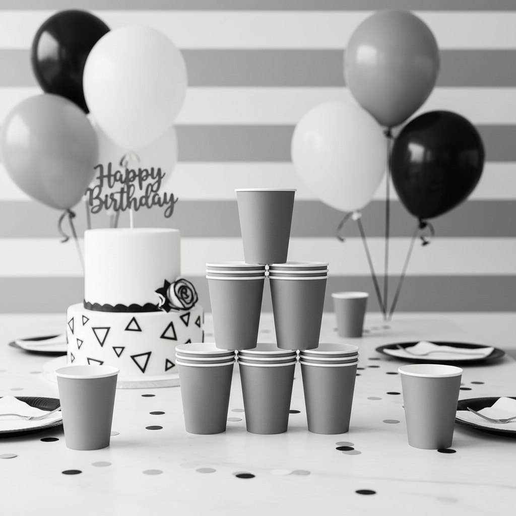 Glamour Grey Paper Cups at Stylish Monochrome Birthday Party Setup