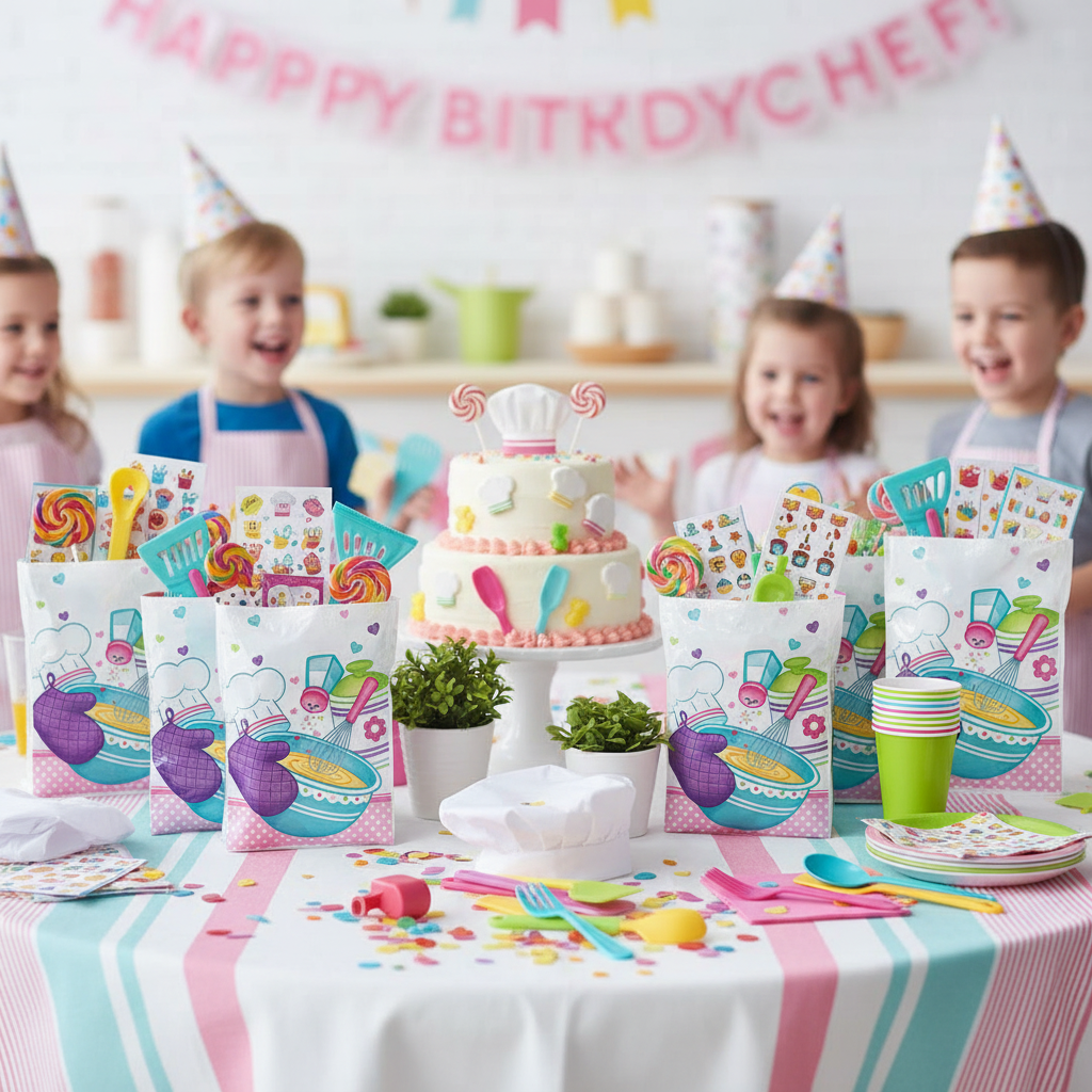 Little Chef Loot Bags at Kids Cooking Themed Birthday Party Table