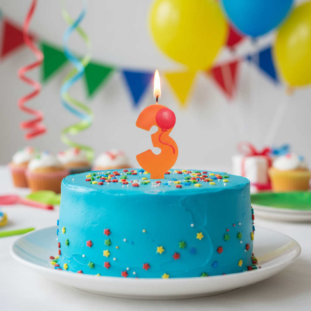 Orange number 3 balloon candle lit and glowing on 3rd birthday cake with colorful balloons