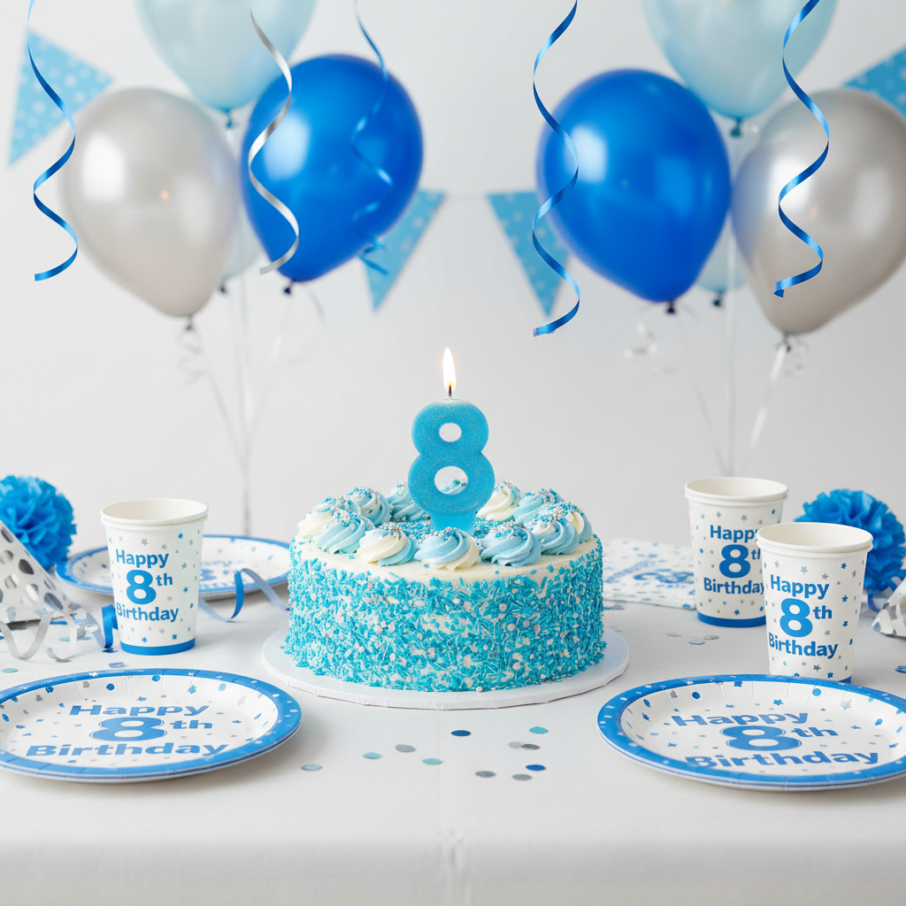 Blue glitter number 8 candle lit and glowing on 8th birthday cake with blue silver balloons