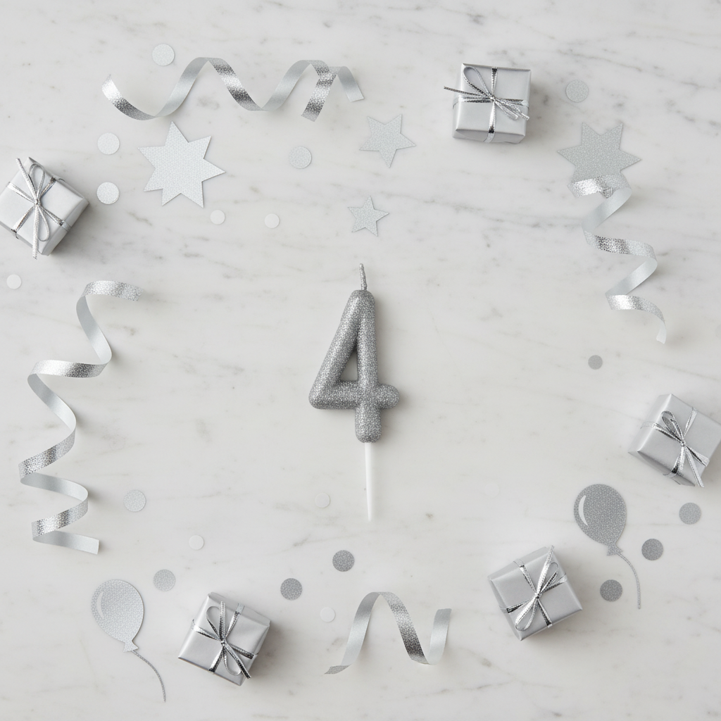 Silver glitter number 4 candle flat lay with silver ribbons gift boxes and silver party decor