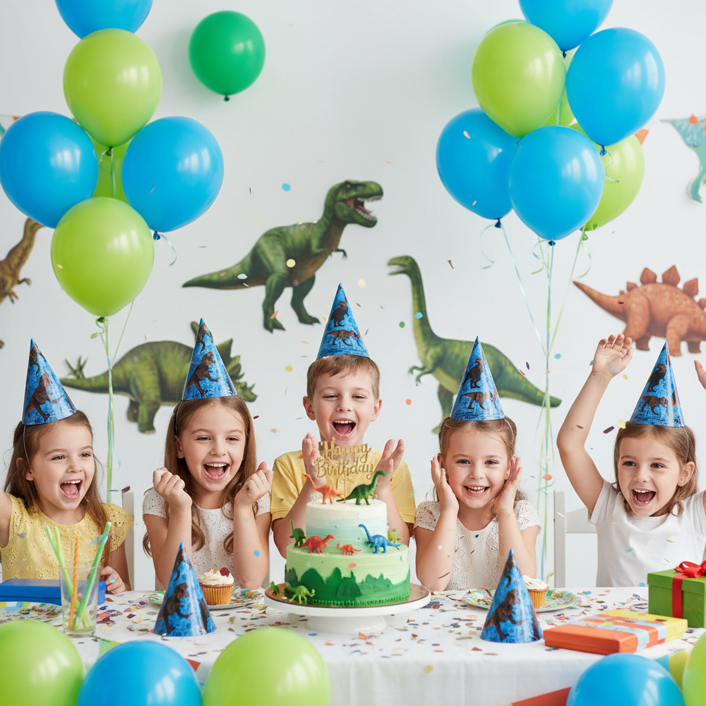 Dinosaur Theme Party Hats worn by Kids at Dino Birthday Party