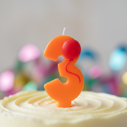 Close up detail of orange number 3 birthday candle with red balloon on top