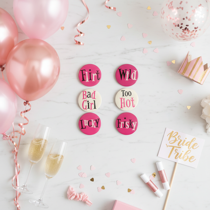 Bachelorette party buttons pack of 6 displayed on party table with pink balloons and prosecco