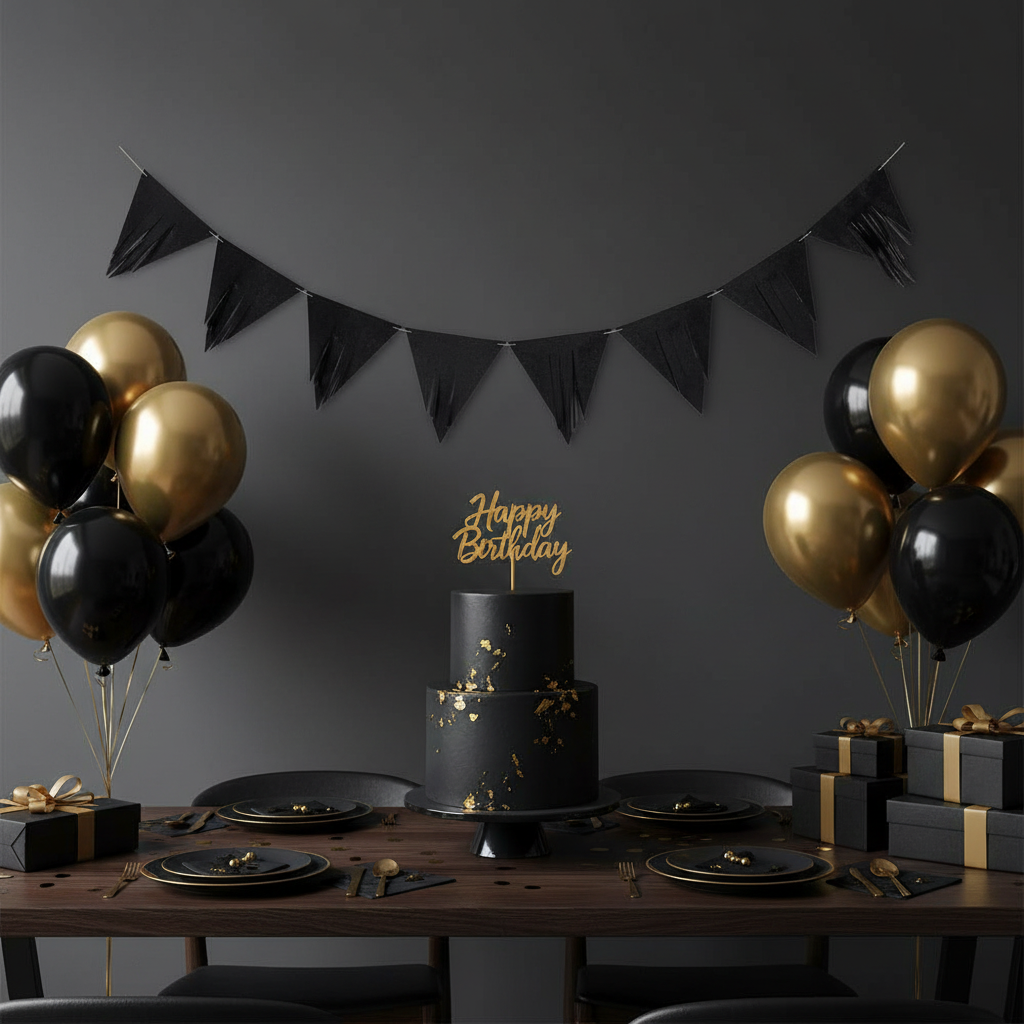Black triangular flag bunting hung on wall at sleek modern birthday party with black gold balloons