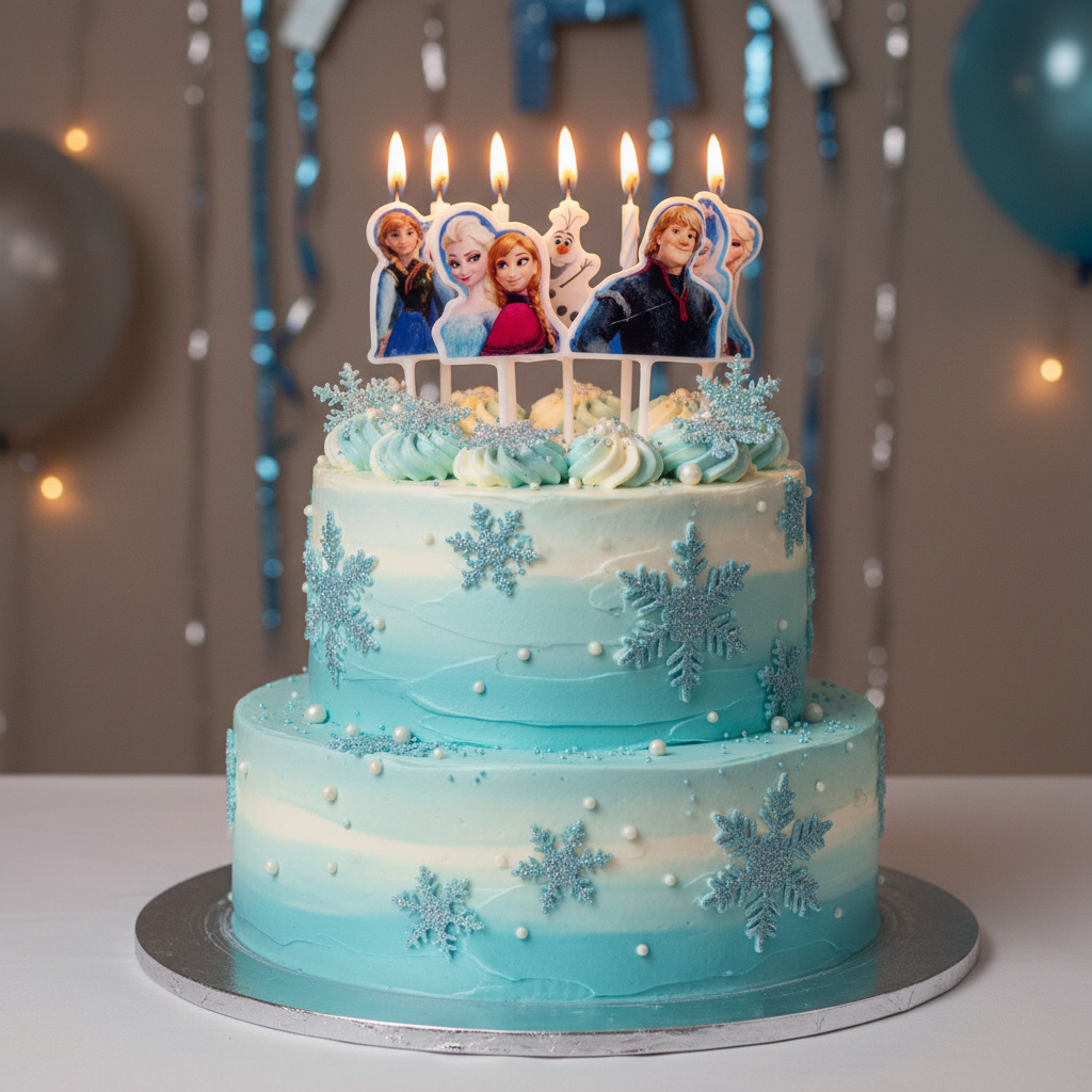 Disney Frozen character candles on light blue Frozen themed birthday cake with snowflake decorations