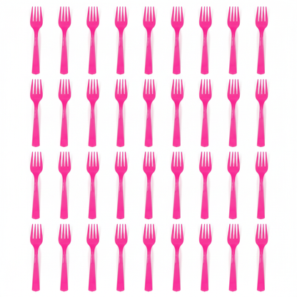Hot pink disposable plastic forks flat lay on white background 20 piece set bold neon pink premium party cutlery