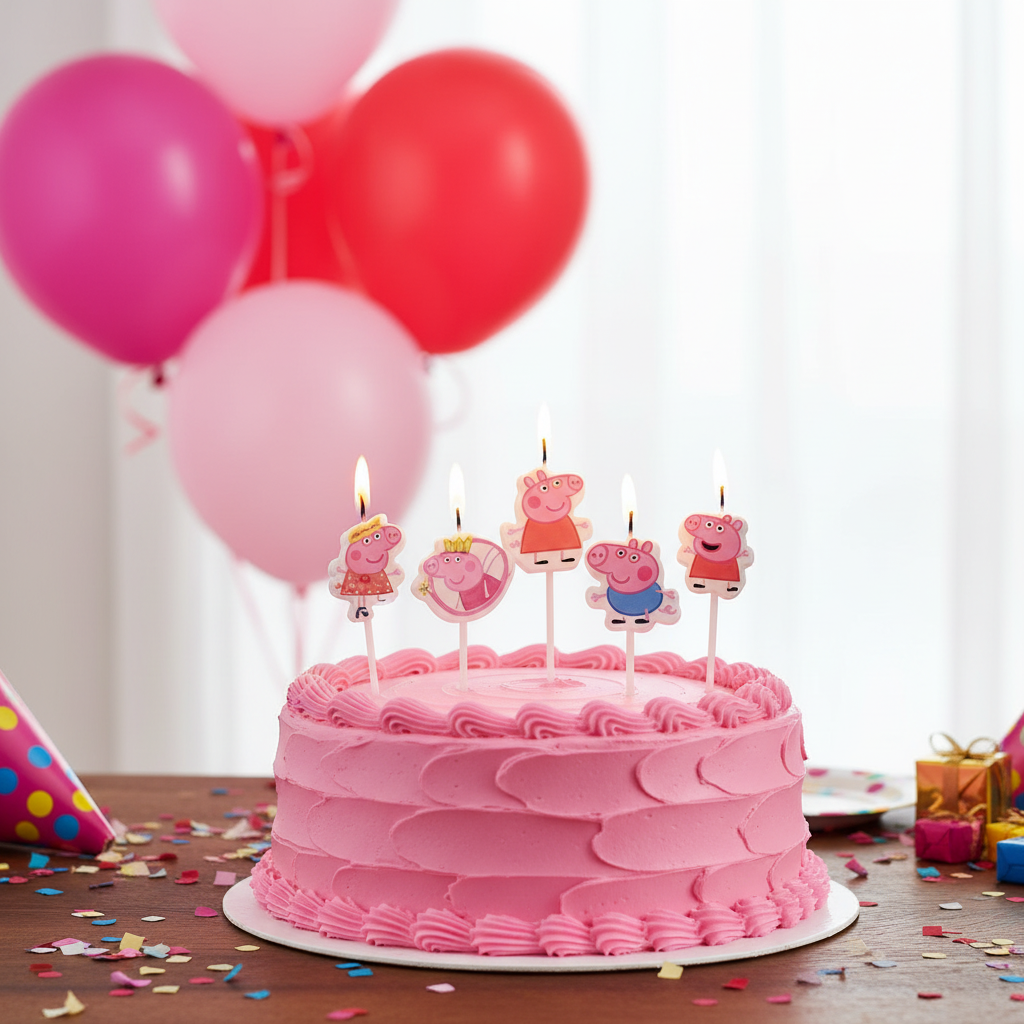 Peppa Pig candles on pink frosted cake with balloons and confetti