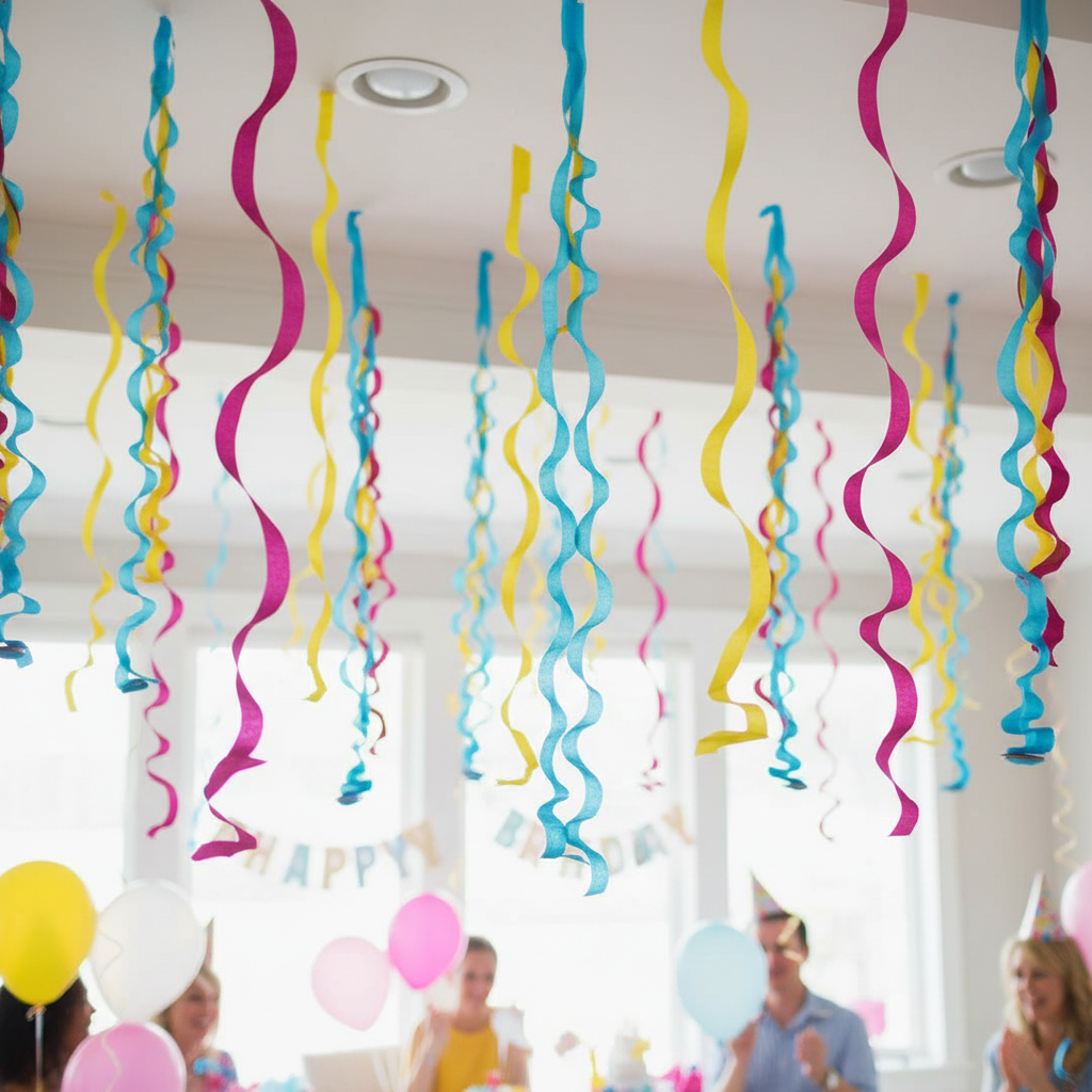 Colorful spiral garland party setup