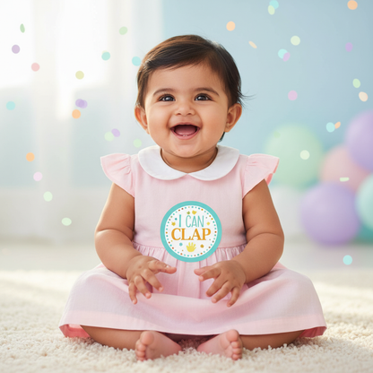 Baby girl wearing I Can Clap milestone sticker