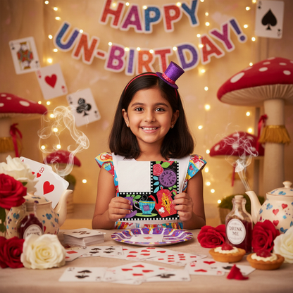 Girl at Alice in Wonderland birthday party with Wonderland napkins