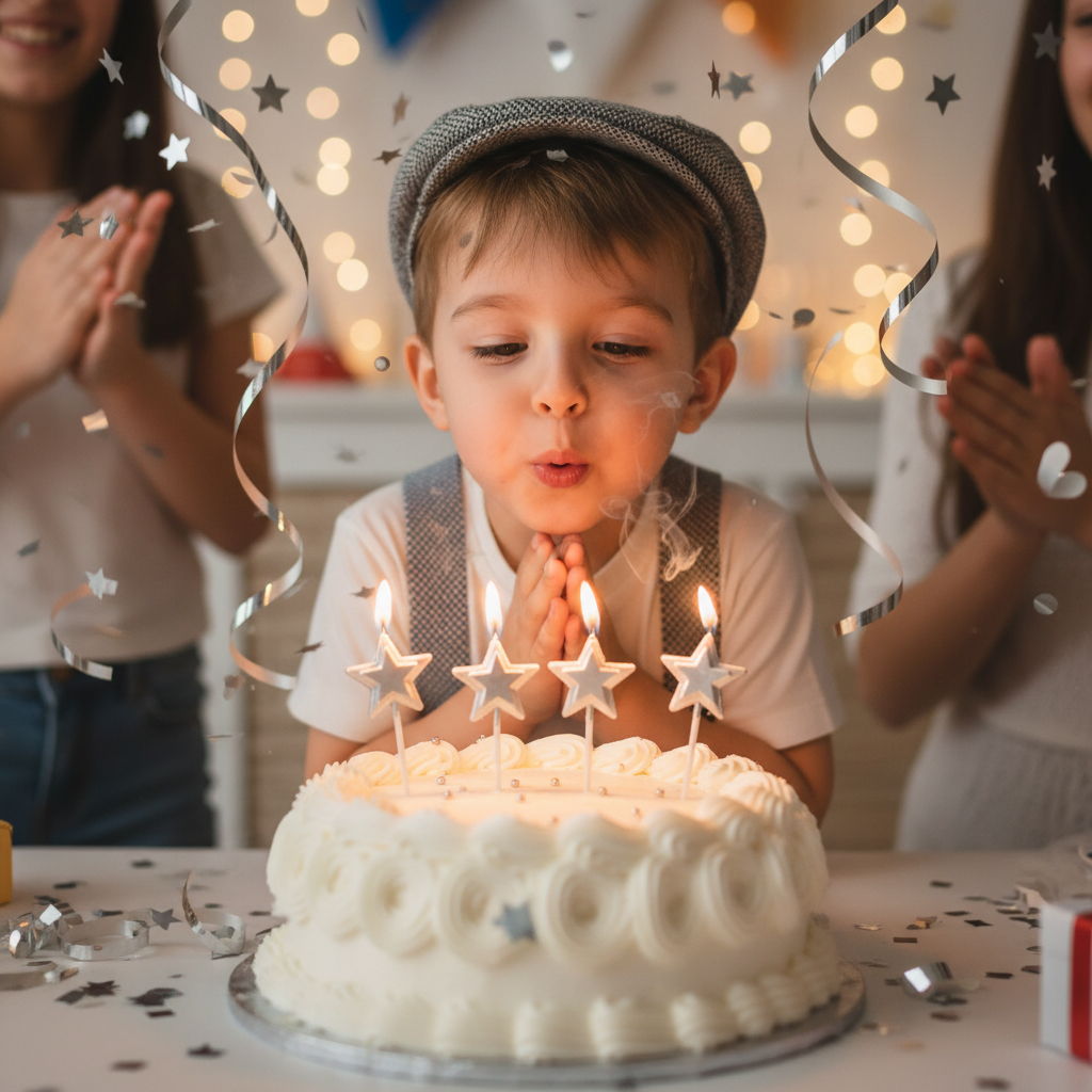 Child blowing silver star stick candles on white frosted birthday cake