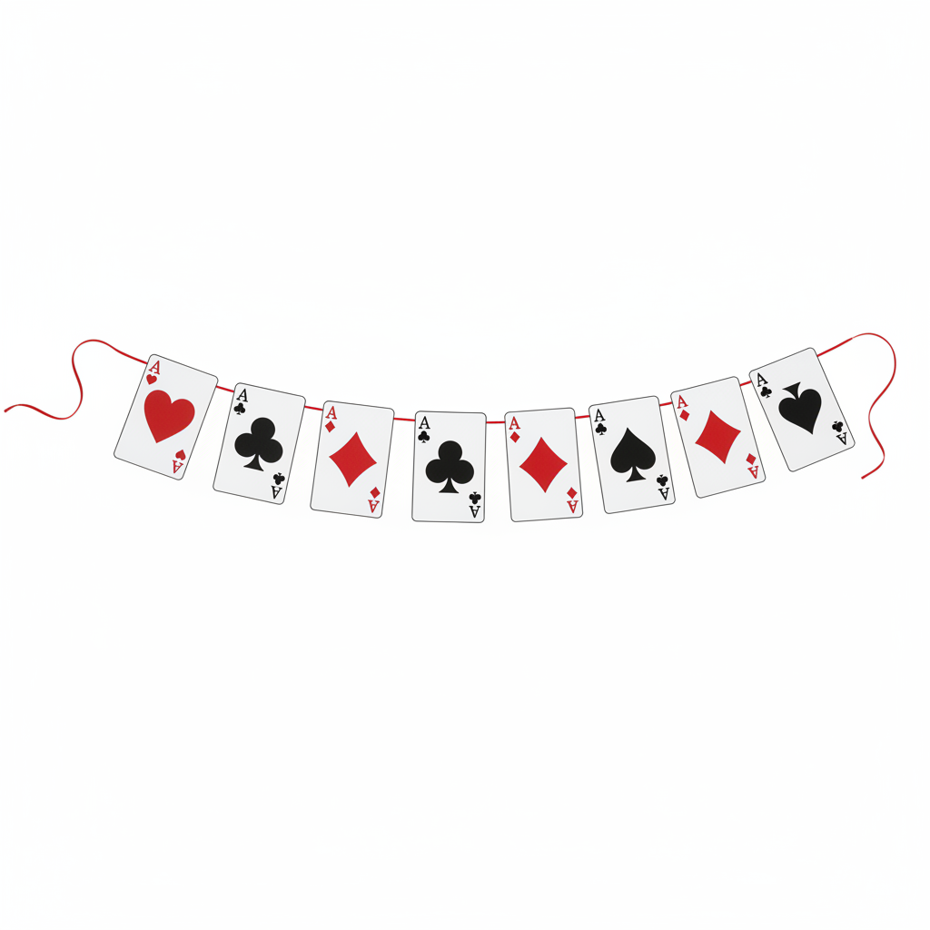 Casino ace playing card garland flat lay on white background red and black card suits over 5 feet long banner