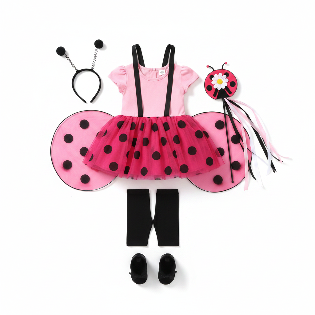 Pink and black ladybug kids costume flat lay with polka dot wings antennae headband and wand