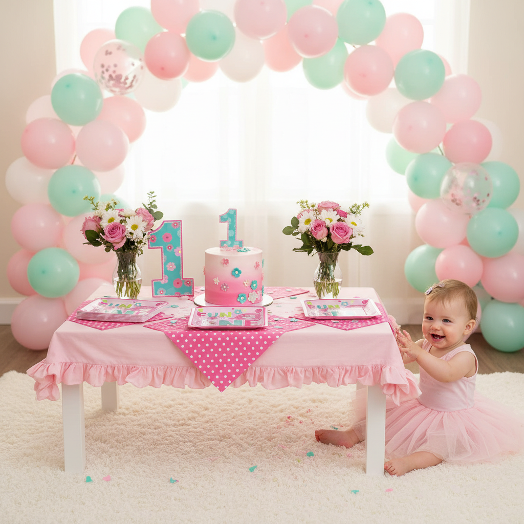 First birthday party table setup with Fun to be One pink plates