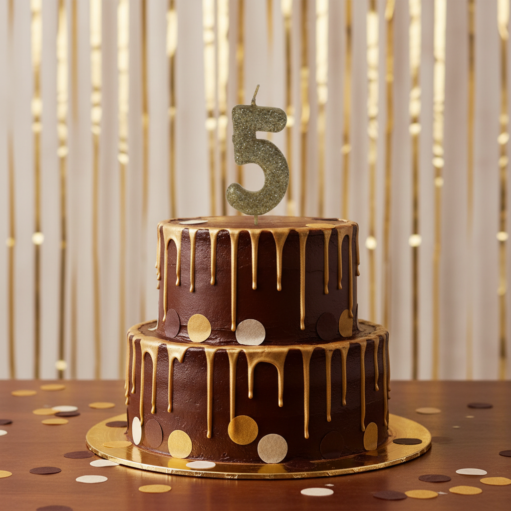 Golden glitter number 5 candle on chocolate cake with gold drip and confetti