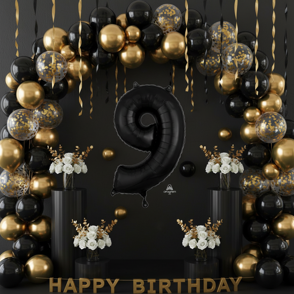 Black Number 9 Balloon - Milestone Photo Backdrop