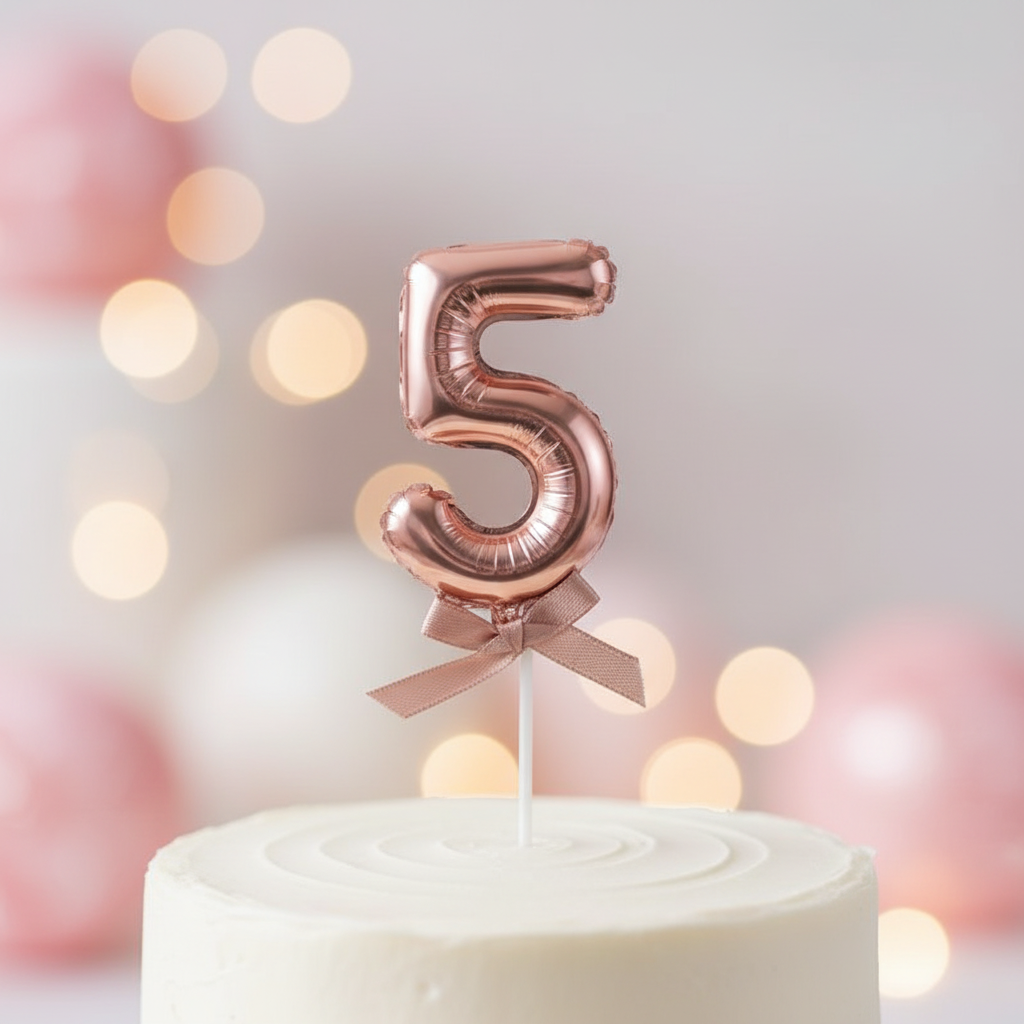 Close up detail of rose gold number 5 cake topper showing metallic finish and bow detail