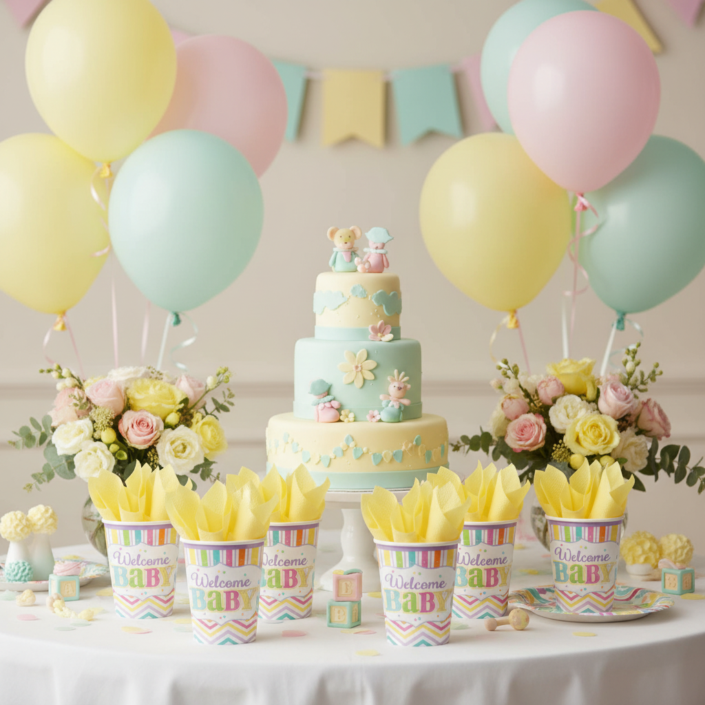Welcome Baby Shower Paper Cups on Gender Neutral Baby Shower Table