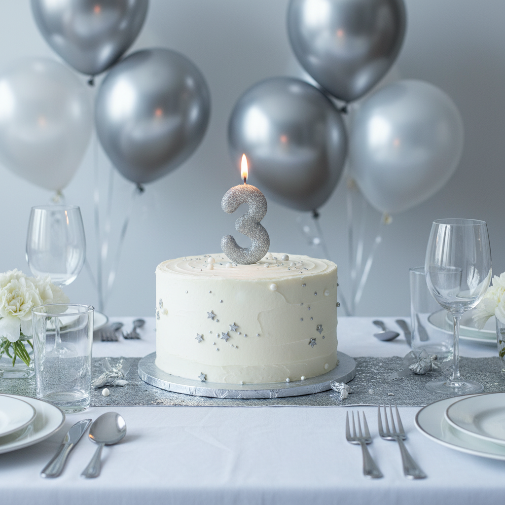 Silver glitter number 3 candle lit on white frosted birthday cake with silver balloons