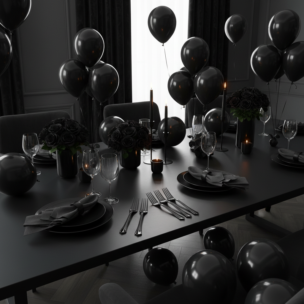 Black plastic forks on chic all-black themed birthday party table with black balloons roses and modern minimalist decor