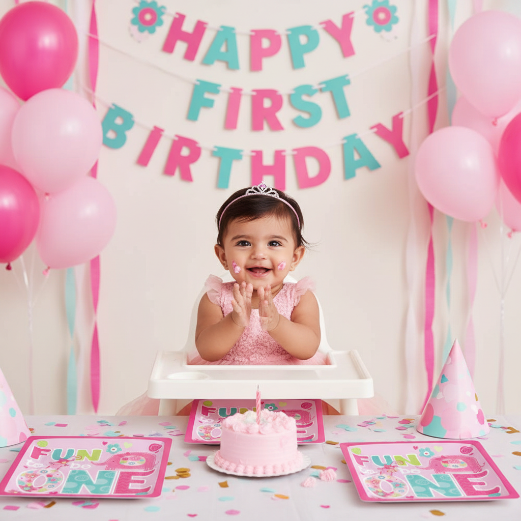 Baby girl at first birthday party with Fun to be One plates