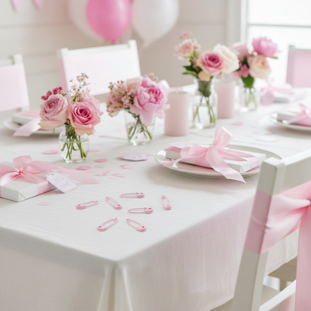 Cute pink mini safety pins scattered on baby shower party table with pink flowers and ribbons baby girl shower theme