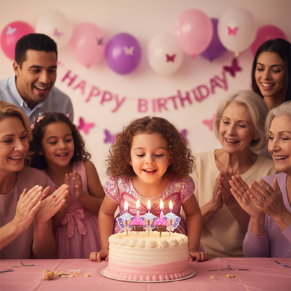 Little girl celebrating birthday blowing sweet butterfly candles on cake with family and pink decorations