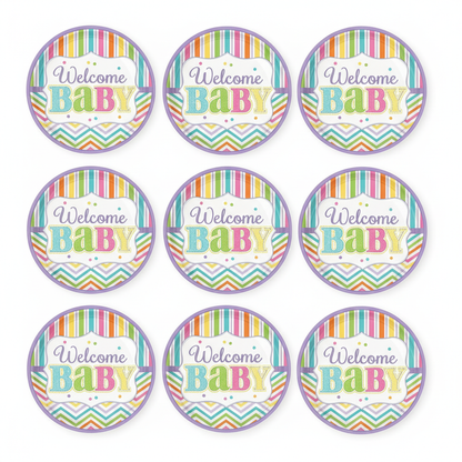Welcome Baby shower dessert plates 9PC flat lay on white background pastel rainbow stripes chevron pattern and Welcome Baby text