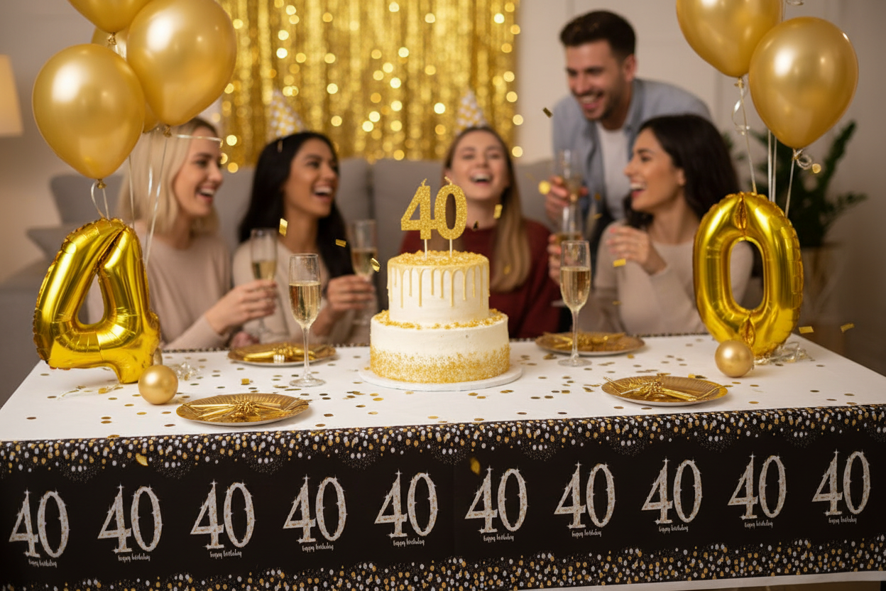 40th Birthday Tablecover party setup