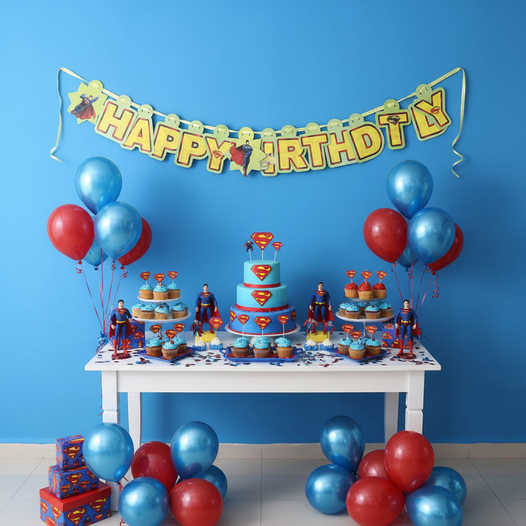 Superman Happy Birthday banner strung across Superman themed dessert table with cake and figurines