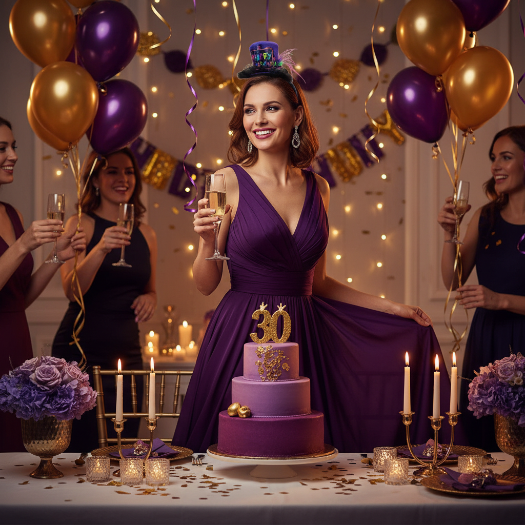 Purple Happy Birthday Mini Top Hat Headband worn at Adult Birthday Party