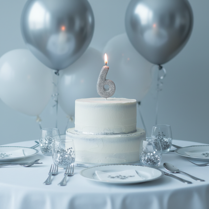 Silver glitter number 6 candle lit on white frosted birthday cake with silver balloons
