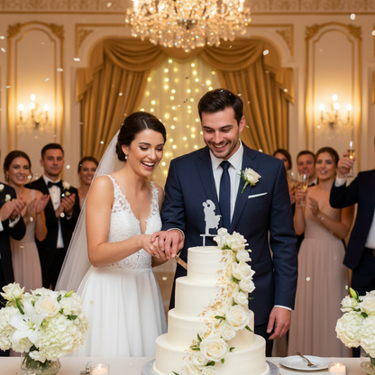 Bride and groom cutting wedding cake with silver couple silhouette topper at elegant wedding venue