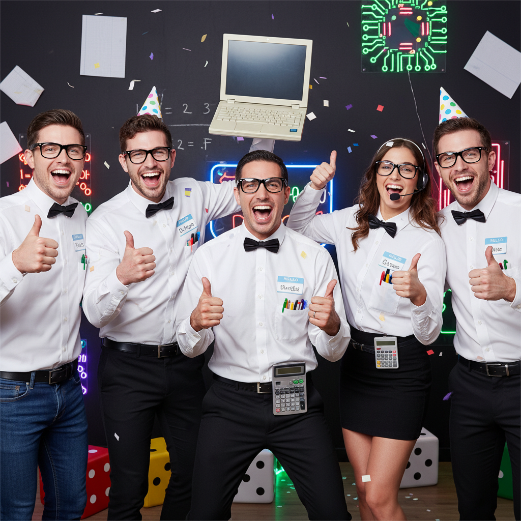 Group of friends wearing nerd costumes with glasses bow ties and name tags at themed costume party funny nerdy outfits