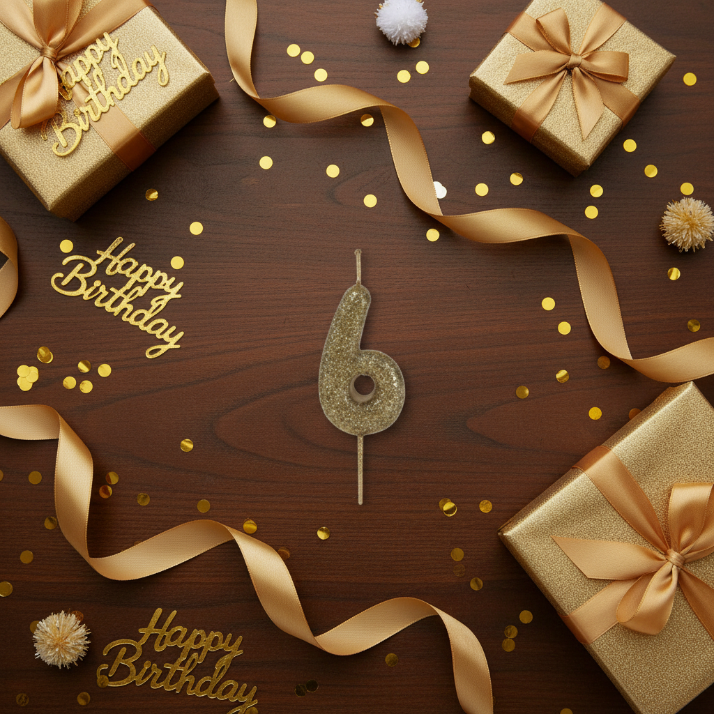 Golden glitter number 6 candle flat lay with gold ribbons gift boxes and golden party decor
