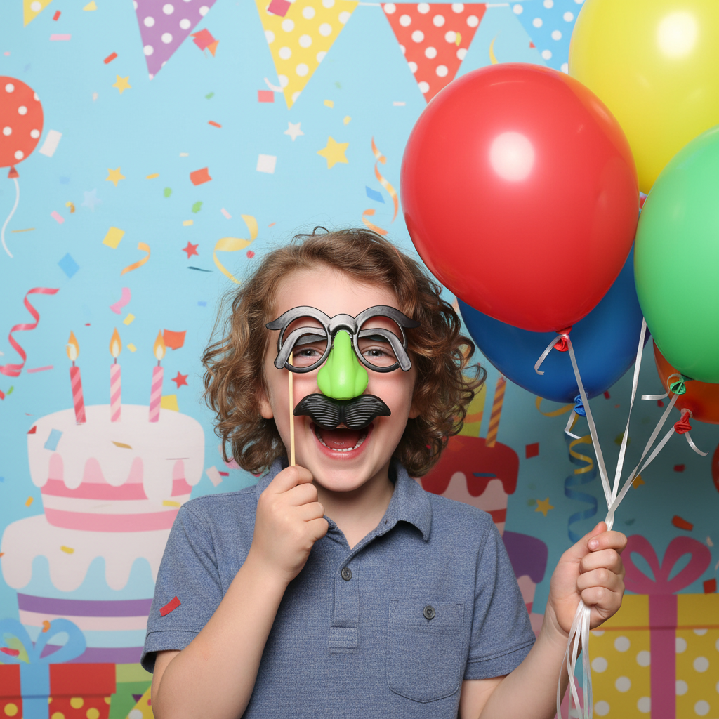 Child wearing mustache blowout favor as photo booth prop at birthday party